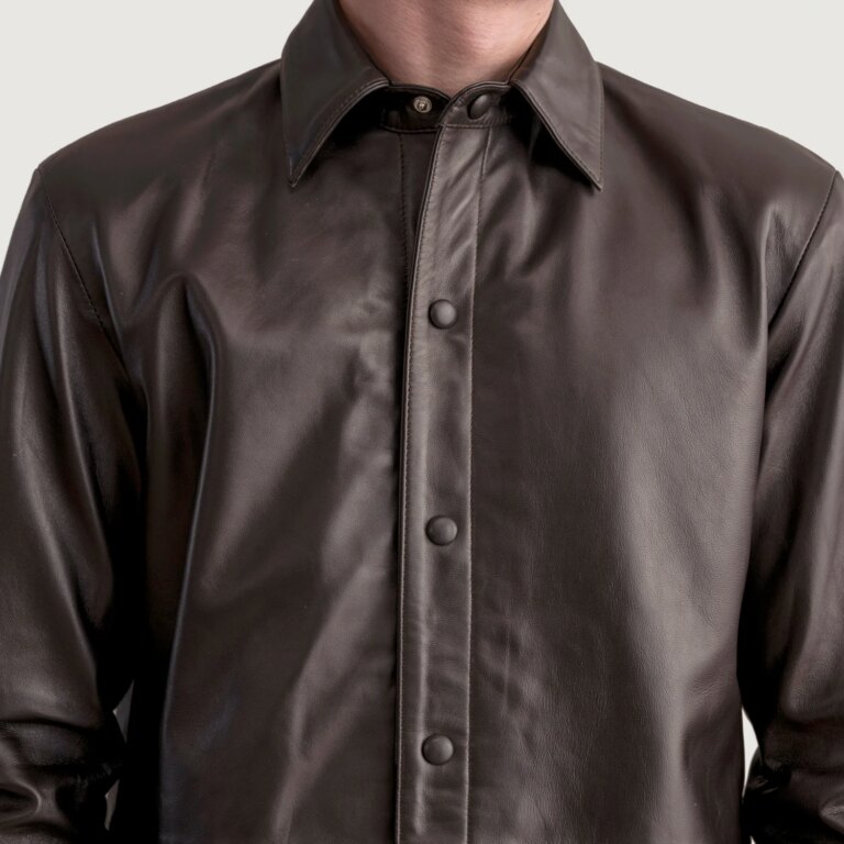 Mens Haven Brown Leather Shirt Close-Up-9-1724080335731